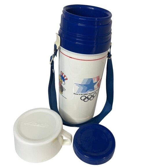 VTG 1984 Los Angeles Olympics‎ Aladdin Thermos 1 QT with Strap White Blue Red - Picture 8 of 11